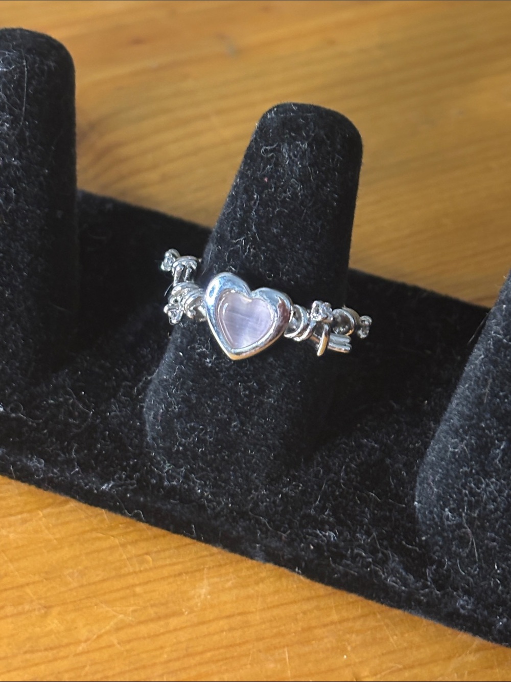 Silver Heart Adjustable Ring with Pink Stone 7